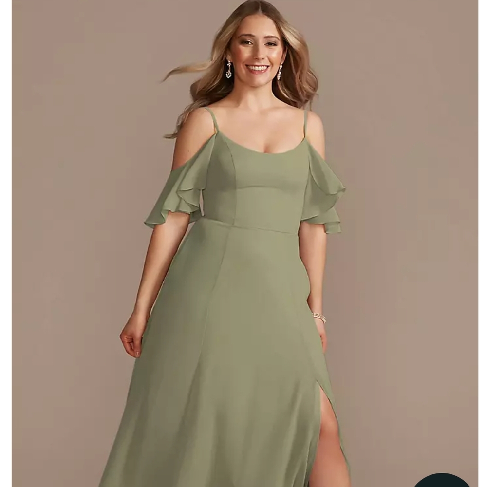 David's Bridal Green Ruffled Maxi Dress with Flutter Sleeves